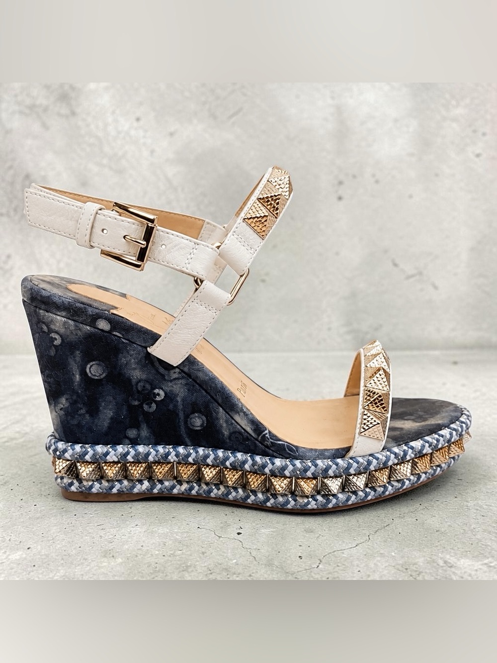 Christian Louboutin Pyraclou 110mm denim wedge sandals SZ 37 - Picture 2 of 8